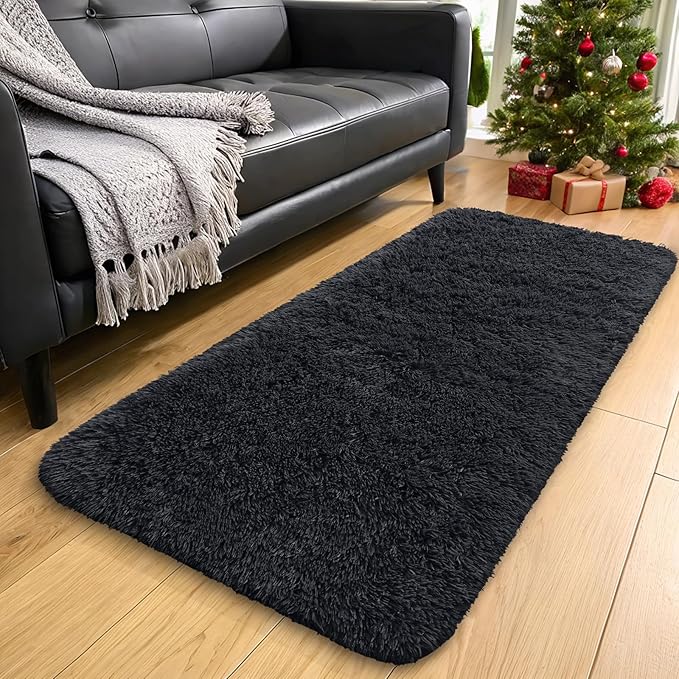 OLANLY 3x10 Machine Washable Runner Rugs for Hallway, Soft Fluffy Shaggy Bedside Rugs for Bedroom, Living Room, Indoor Floor Carpet for Kids Girls and Boys, Nursery Rooms, Home Decor Aesthetic, Black
