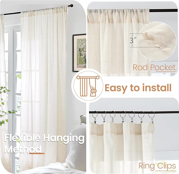 BGment Beige Linen Curtains 84 Inch Length for Living Room - Cream Semi Sheer Drapes Light Filtering with Rod Pocket for Bedroom Dining Country Lightweight, 2 Panels, Each Panel 52 Inch Wide