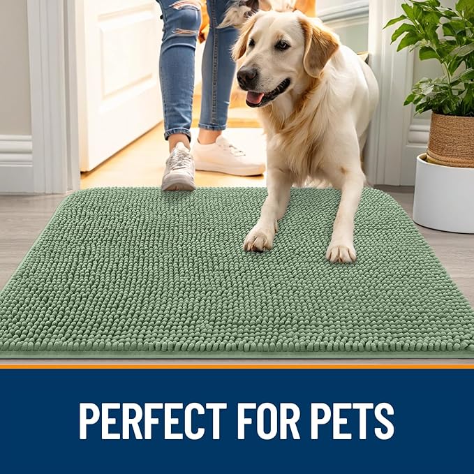 OLANLY Dog Door Mat for Muddy Paws 35x24, Absorbs Moisture and Dirt, Absorbent Non-Slip Washable Doormat, Quick Dry Chenille Mud Mat, Entry Indoor Entryway Carpet for Inside Floor, Olive Green