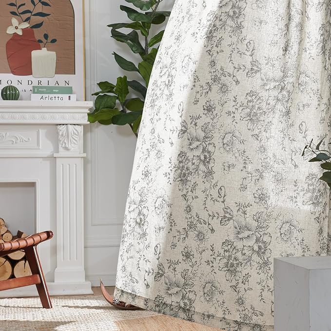 jinchan Linen Blend Curtain Floral Curtains for Living Room 63 Inch Length Grey Printed Curtain Rod Pocket Back Tab Farmhouse Peony Flower Patterned Drapes Bedroom Window Curtains Set 2 Panels