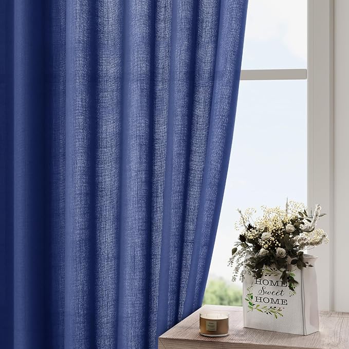 Nanspring Classic Blue Linen Curtains Semi Sheer 96 Inches Long 2 Panels Set for Living Room Back Tab Rod Pocket Light Filtering Drape for Bedroom Modern Farmhouse Coastal Decor Protect Privacy 52x96