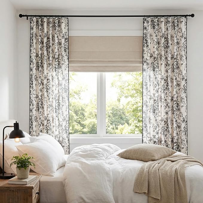 jinchan Linen Blend Floral Curtains French Country Curtain for Living Room 90 Inch Length Black Printed Curtain Rod Pocket Back Tab Farmhouse Peony Flower Patterned Drapes Window Curtains Set 2 Panels