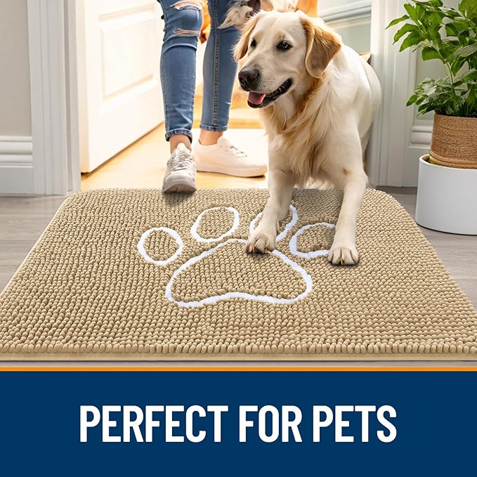 OLANLY Dog Door Mat for Muddy Paws 59x32, Paw Print Design, Absorbs Moisture and Dirt, Absorbent Non-Slip Washable Doormat, Quick Dry Chenille Mud Mat for Dogs, Entry Indoor Entryway Carpet, Beige