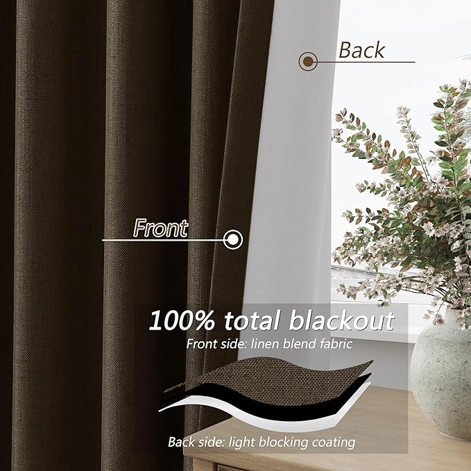 Guken 100% Blackout Curtains 108 Inch Length 2 Panels Set for Living Room Bedroom Back Tab Thermal Insulated Black Out Linen Drapes Room Darkening Chocolate,52x108
