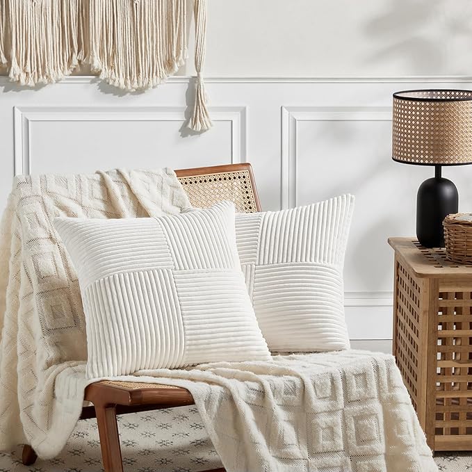 Fancy Homi 2 Packs Cream White Decorative Throw Pillow Covers 22x22 Inch for Living Room Couch Bed, Rustic Farmhouse Boho Home Decor, Soft Corss Corduroy Patchwork Accent Square Cushion Case 55x55 cm