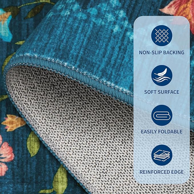 GarveeHome Washable Rug 3x5 Area Rugs for Living Room, Floral Rug for Bedroom, Soft Boho Non Slip Throw Rugs with Rubber Back, Low Pile Stain Resistant Vintage Floral Carpet for Dining Room, Blue
