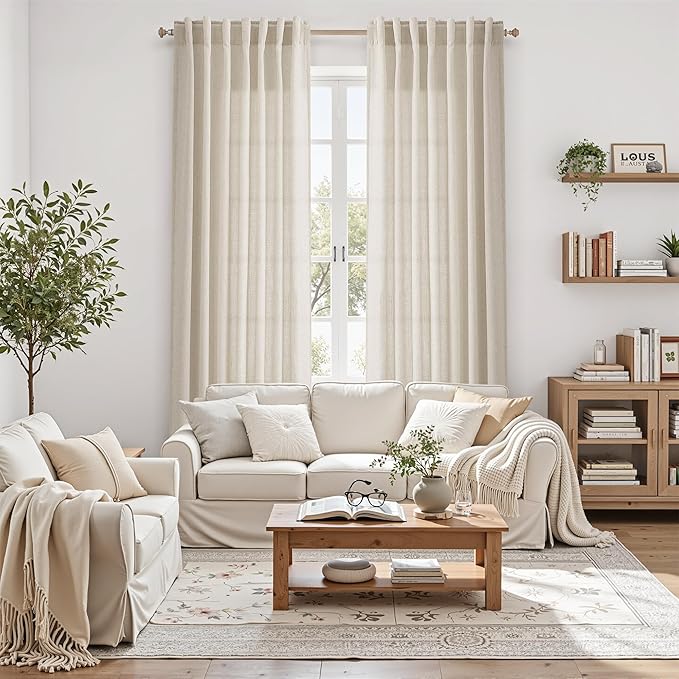 Boho Linen Curtains 80 Inch Length for Living Room Light Filtering Semi Sheer Curtain Back Tab Boho Eclectic Home Decor Elegant Luxury Farmhouse Drapes for Bedroom Dinner Room 52x80, 2 Panels