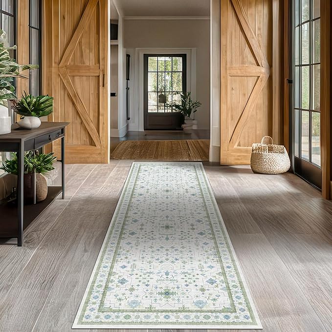 Hazo Haus Oushak Wide Hallway Runner Rug 2'6"x8' - Vintage Turkish Floral, Washable Low Pile Non Slip Extra Long Runners for Kitchen, Hall Way - Cream Blue and Green