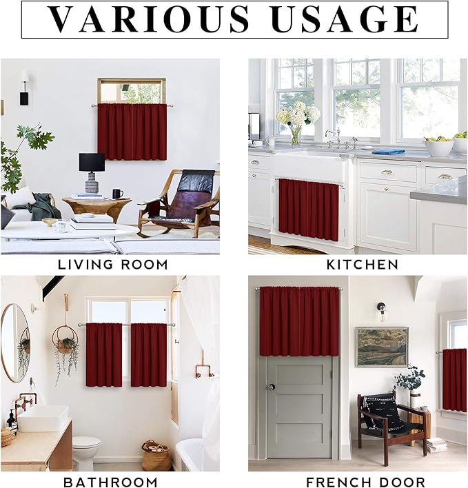 RYB HOME Cafe Blackout Curtains 24 inch Length, RV Curtains for Camper Windows, Mini Short Small Insulating Light UV Blocking Privacy Half Window Tiers, Width 29 by Length 24, Burgundy Red, 2 Panels