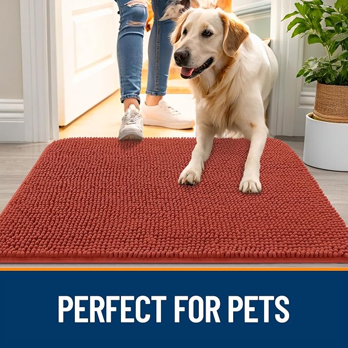 OLANLY Dog Door Mat for Muddy Paws 54x24, Absorbs Moisture and Dirt, Absorbent Non-Slip Washable Doormat, Quick Dry Chenille Mud Mat for Dogs, Entry Indoor Entryway Carpet for Inside Floor, Maple Red