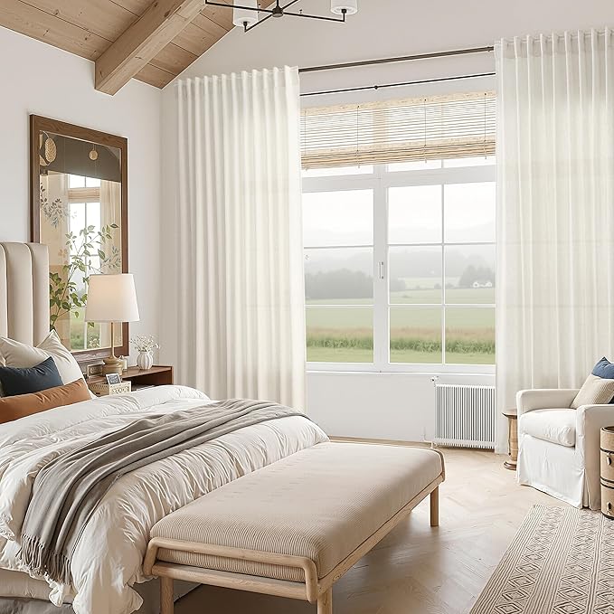 Nanspring Natural Linen Curtains 72 Inches Long for Living Room Country Light Filtering Semi Sheer Curtains Farmhouse Decor Curtain for Bedroom Back Tab and Rod Pocket 52x72, 2 Panels
