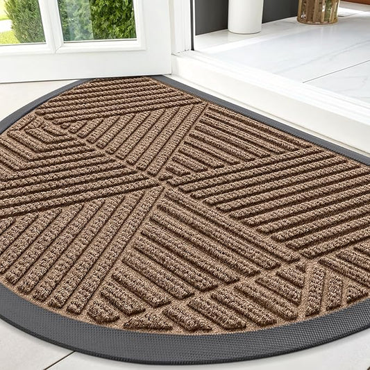 Smiry Half Circle Front Door Mat Outside Entrance, Heavy Duty Sturdy Natural Rubber Doormat, Trap Dirt and Moisture, Low Profile Mats for Indoor Outdoor Entry, Irregular Triangle (47x32, Brown)