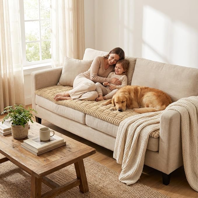 Smiry Couch Cover for Dogs Washable, Non Slip Fuzzy Pet Couch Covers for 3 Cushion Sofa Pet Friendly, Thick Soft Sofa Slipcovers Cushion Protector (Camel, 27.6" x 88")