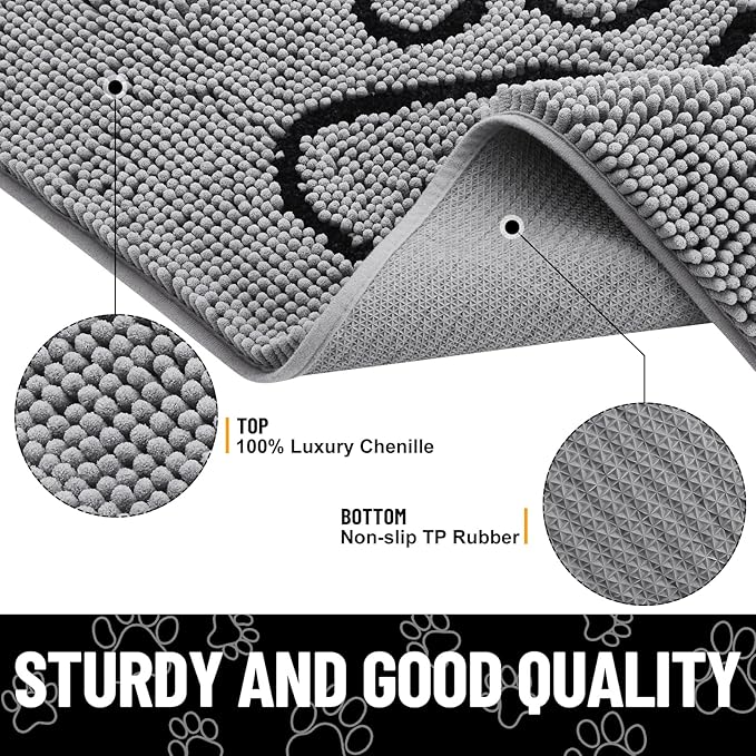 Smiry Dog Door Mat for Muddy Paws, Absorbent Dirt Trapper Non Slip Quick Dry Washable Chenille Mat for Mud Dogs, Entry Rug for Indoor and Outdoor (47x32 Inches, Grey and Black)
