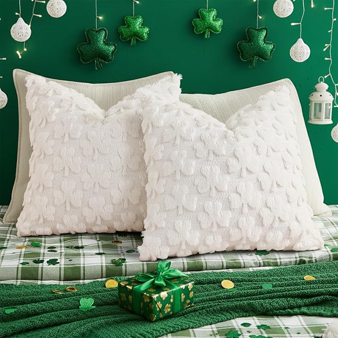 decorUhome St. Patrick’s Day Shamrock Pillow Covers 16x16 Inch Set of 2, Soft Plush Faux Wool Cream White Throw Pillow Covers, Farmhouse Spring Holiday Decor for Sofa Living Room