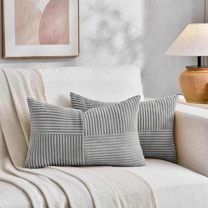 Fancy Homi 2 Packs Grey Lumbar Decorative Throw Pillow Covers 16x26 Inch for Living Room Couch Bed, Rustic Farmhouse Boho Home Decor, Soft Striped Corduroy Rectangle Accent Cushion Case 65x40 cm