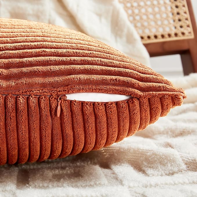 Fancy Homi 2 Packs Burnt Orange Lumbar Decorative Throw Pillow Covers 20x28 Inch for Living Room Couch Bed Sofa, Farmhouse Boho Home Decor, Soft Striped Corduroy Rectangle Accent Cushion Case 50x70 cm