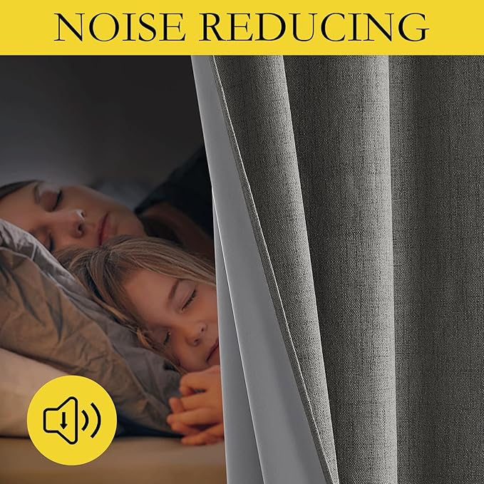 NICETOWN Grizzle Gray Vintage Linen 100% Blackout Curtains for Living Room, Thermal Insulated Curtains 84" Long, Noise Reducing Window Treatment Drapes for Hall Room, 42" Wide Per Panel, Set of 2