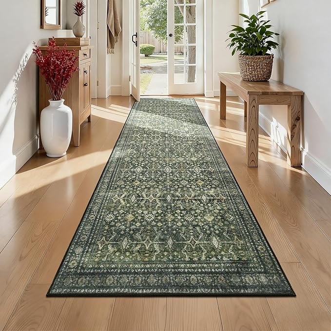 Lofus 2x10 Area Rug for Hallways,Green Washable Runner Rugs with Non Slip Rubber Backing, Low Pile Soft Carpet Runner for Kitchen Bathroom Bedroom Laundry