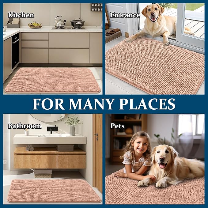 OLANLY Dog Door Mat for Muddy Paws 34x21, Absorbs Moisture and Dirt, Absorbent Non-Slip Washable Doormat, Quick Dry Chenille Mud Mat for Dogs, Entry Indoor Entryway Carpet for Inside Floor, Peach