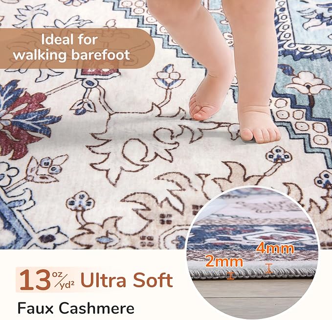 OPPODREAM Soft Entryway Rug 2x10, 2x10 Rug Runner, Washable Hallways Carpet 2 x 10 with Non Slip Backing, Low-Pile Bedside Carpet 2 x 10, Long, Faux Cashmere, Navy Blue & Red & Cream