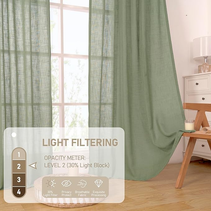 LAMIT Extra Wide Linen Curtains for Bedroom, Light Filtering Faux Linen Textured Panels Semi Sheer Back Tab and Rod Pocket Boho Drapes for Living Room/Farmhouse, 2 Panels, Sage Green, 60 x 63 Inch