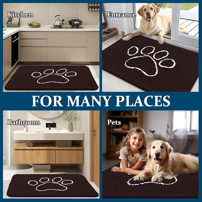 OLANLY Dog Door Mat for Muddy Paws 59x20, Paw Print Design, Absorbs Moisture and Dirt, Absorbent Non-Slip Washable Doormat, Quick Dry Chenille Mud Mat for Dogs, Entry Indoor Entryway Carpet, Brown