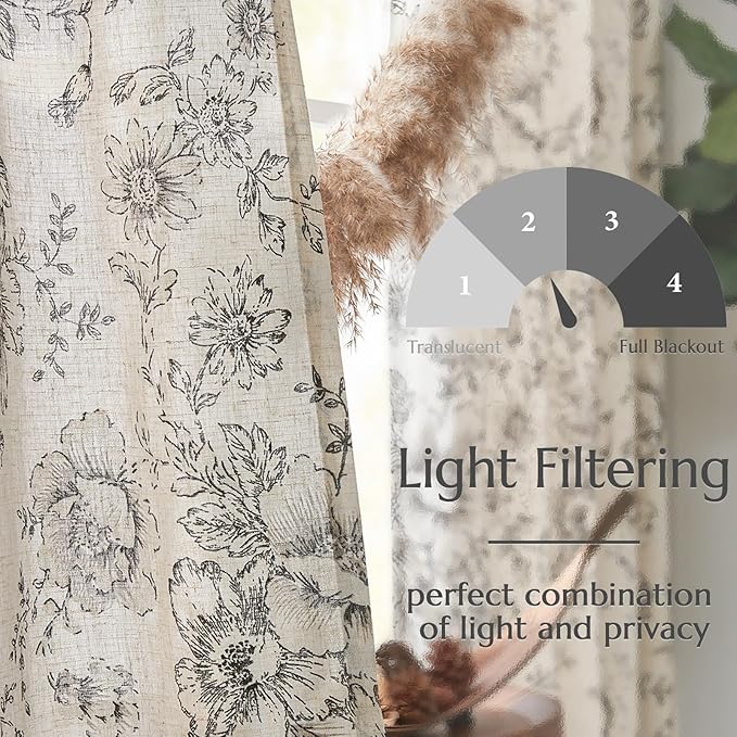jinchan Lined Linen Blend Curtain Floral Curtains for Living Room 63 Inch Length Black Peony Flower Printed Curtain Back Tab Farmhouse Patterned Drapes Bedroom Window Curtains Set 2 Panels