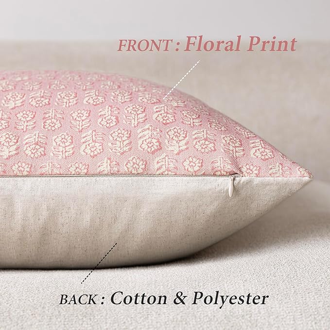 Foindtower Set of 2 Decorative Neutral Floral Print Throw Pillow Covers Vintage Accent Farmhouse Cushion Covers Boho Home Decor for Sofa Couch Chair Bedroom Living Room Outdoor,22×22 Inch,Light Pink