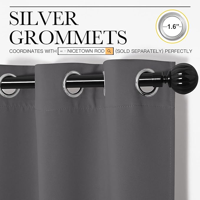 NICETOWN Blackout Curtains Panels for Bedroom, 2 Panels, 52 x 70 Inch, Gray, 3 Pass Microfiber Noise Reducing Thermal Insulated Solid Ring Top Blackout Window Drapes