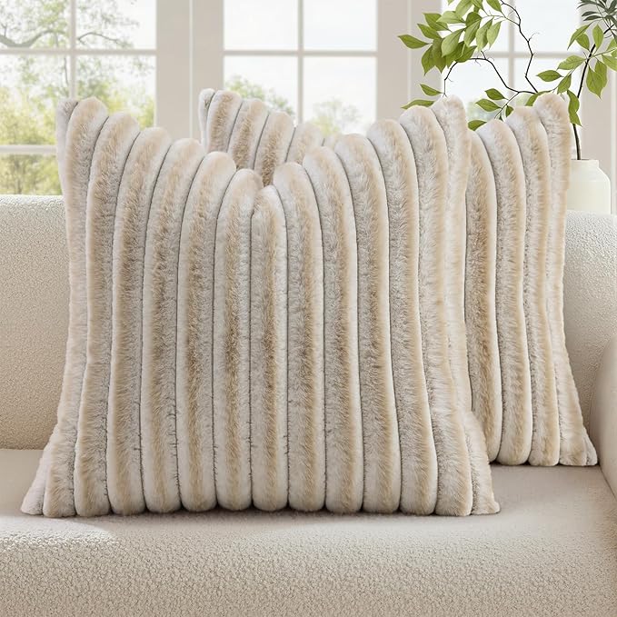 decorUhome Summer Cozy Faux Fur Throw Pillow Covers 22x22 Set of 2 Decorative Plush Striped Modern Farmhouse Boho Couch Euro Sham Pillow Cases with Velvet Back for Sofa Bed Living Roomr, Beige White