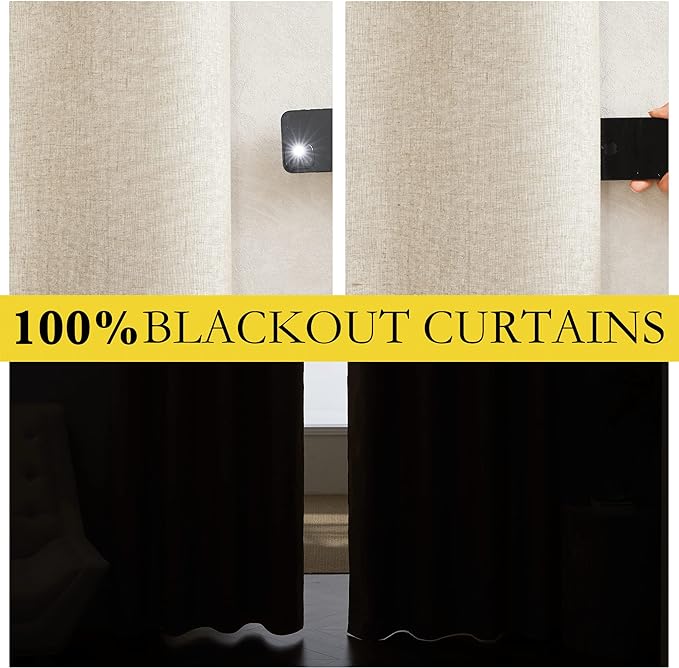 NICETOWN 100% Absolutely Blackout Linen Curtains with Thermal Insulated White Liner, Beige, 52" Wide by 48" Long, 2 Pieces, Anti-Rust Grommet Natural Burlap Fabric Window Drapes for Bedroom/Kids Room