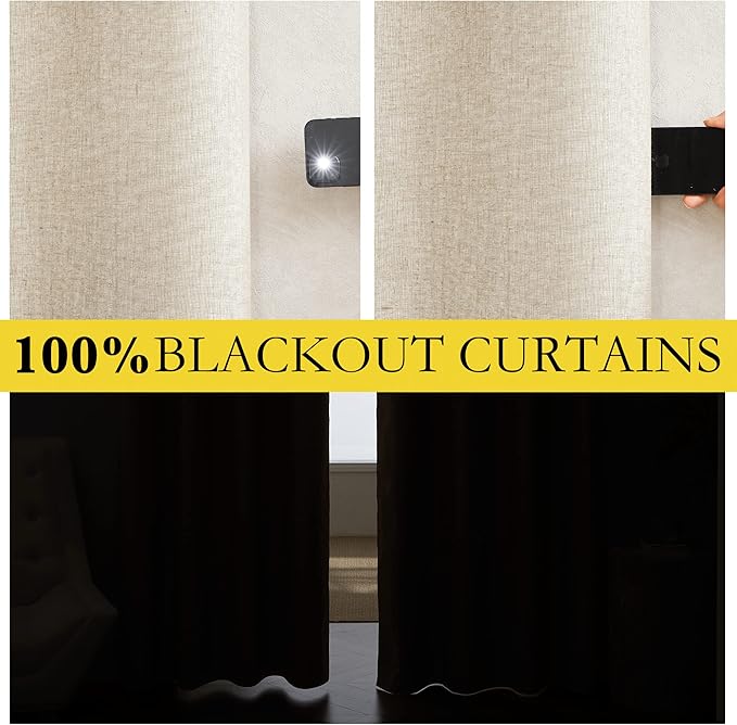 NICETOWN 100% Absolutely Blackout Linen Curtains with Thermal Insulated White Liner, 52" W, 2 PCs, Beige, 90" Long Drapes Sweep The Floor Decorative Keep Privacy Panels for Living Room/Villa/Bedroom