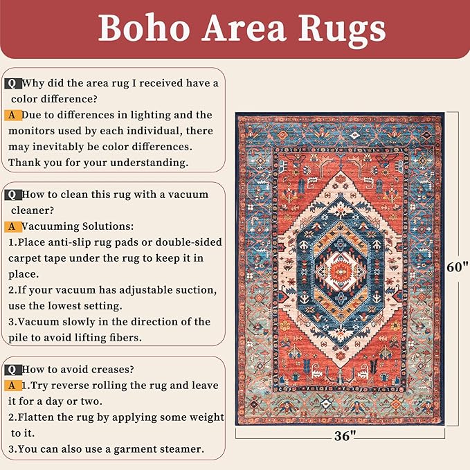 SERISSA Area Rug 3x5 Boho Rugs for Bedroom, Washable Non-Slip Kitchen Rugs, Ultra Soft Print Distressed Tribal Rust Rug Low-Pile Throw Rug Carpet for Entry Bedroom Nursery Living Room Dorm Decor