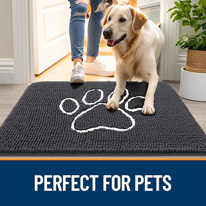 OLANLY Dog Door Mat for Muddy Paws 40x24, Paw Print Design, Absorbs Moisture and Dirt, Absorbent Non-Slip Washable Doormat, Quick Dry Chenille Mud Mat for Dogs, Entry Indoor Entryway Carpet, Dark Grey