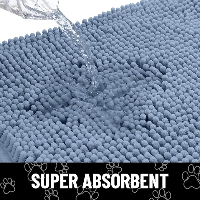 Smiry Dog Door Mat for Muddy Paws, Absorbent Dirt Trapper Non Slip Quick Dry Washable Chenille Mat for Mud Dogs, Entry Rug for Indoor and Outdoor (59x24 Inches, Airy Blue and White)