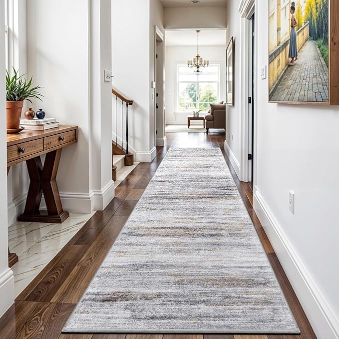 3x18 Washable Hallway Runner Rug: Extra Long Runners for Entryway Living Room Dining Room - Stain and Water Resistant Rugs with Non-Slip Backing - Soft Low-Pile Carpet 18ft Beige Grey