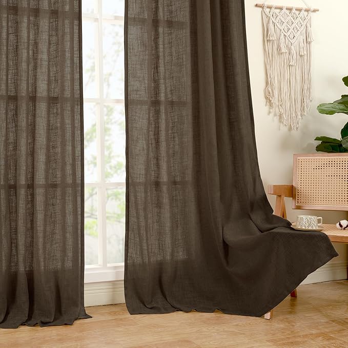 LAMIT Brown Linen Curtains for Living Room 84 inch Length 2 Panels, Light Filtering Semi Sheer Drapes Back Tab and Rod Pocket Farmhouse Panels for Bedroom/Sliding Glass Door, Dark Brown, 52 x 84 Inch