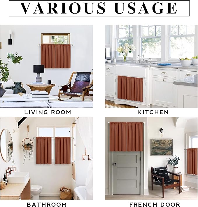 RYB HOME Cafe Blackout Curtains 24 inch Length, RV Curtains for Camper Windows, Mini Short Small Insulating Light UV Blocking Privacy Half Window Tiers, Width 42 by Length 24, Burnt Orange, 2 Panels