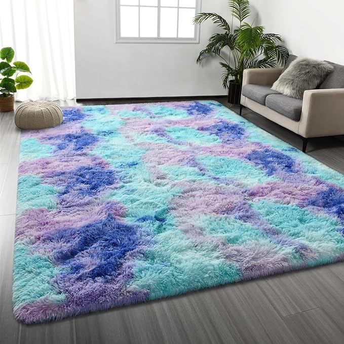 Deerhoo Large Shag Area Rugs 5 x 8, Tie-Dyed Plush Fuzzy Rugs for Living Room, Ultra Soft Fluffy Furry Rug for Bedroom, Indoor Carpet Nursery Rugs for Kids Room Home Decor, Rainbow
