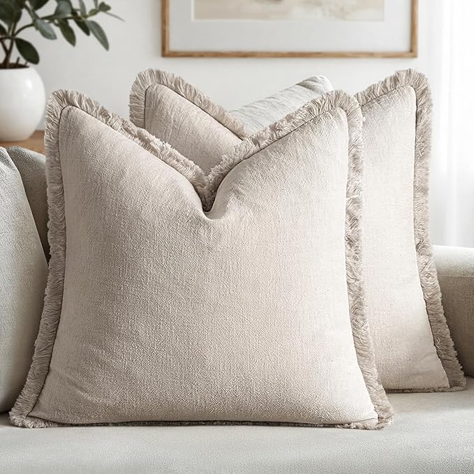 MIULEE Decorative Throw Pillow Covers Neutral Linen Fringe Throw Pillows Euro Shams Set of 2 Natural Beige Boho Farmhouse Cushion Covers for Couch Sofa Bed Living Room Spring Home Decor 22x22 Inch