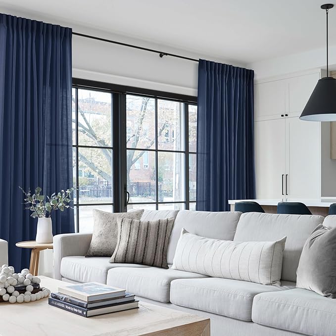 Navy Blue Curtains 90 inch Length for Bedroom, Living Room, Dining Room, 52" W x 90" L, Back Tab, Light Filtering, Semi Sheer, Linen Cotton Textured, Modern Farmhouse Aesthetic, Dark Blue