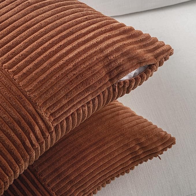 Fancy Homi 2 Packs Rust Lumbar Decorative Throw Pillow Covers 16x28 Inch for Bedroom Couch Bed, Rustic Farmhouse Boho Home Decor, Soft Striped Corduroy Rectangle Accent Terracotta Cushion Case 40x70cm
