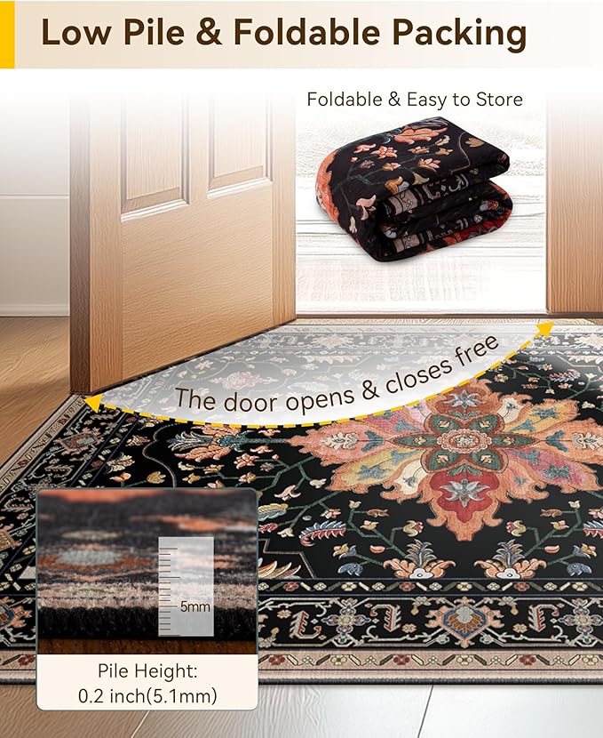 Area Rugs 2'x5' Runner Rug Non Slip Washable for Kitchen Hallway Bedroom Beside Laundry Room Bathroom Rug, Floor Carpet, Black Colorful Floral Dark Tan
