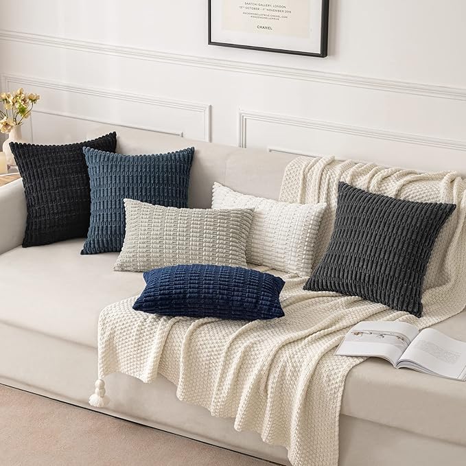 MIULEE Pack of 2 Corduroy Decorative Lumbar Throw Pillow Covers 20x12 Inch Soft Boho Striped Pillow Covers Modern Farmhouse Home Decor for Sofa Living Room Couch Bed Dark Grey