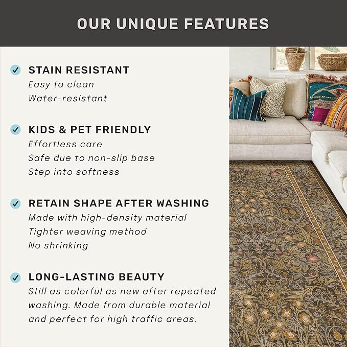 Vintage Gold Brown Entryway Rug, 3x4 Washable Area Rugs for Kitchen, Bathroom, Bedroom, Oriental Low Pile Stain Resistant Non-Slip Small Throw Rug