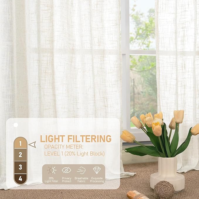LAMIT Extra Wide Linen Curtains for Bedroom, Cream Light Filtering Faux Linen Textured Panels Semi Sheer Back Tab and Rod Pocket Boho Drapes for Living Room, 2 Panels, 60 x 84 Inch