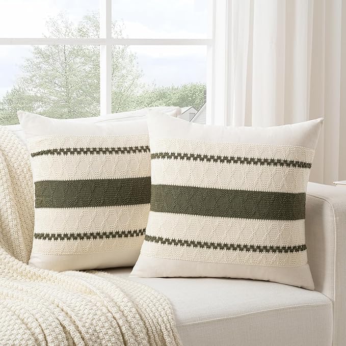Fancy Homi Set of 1 Boho Olive Green Decorative Throw Pillow Cover 18x18 Inch for Couch Bed Sofa, Aesthetic Modern Organic Farmhouse Home Decor, Soft Cotton Cute Accent Macrame Woven Cushion Case