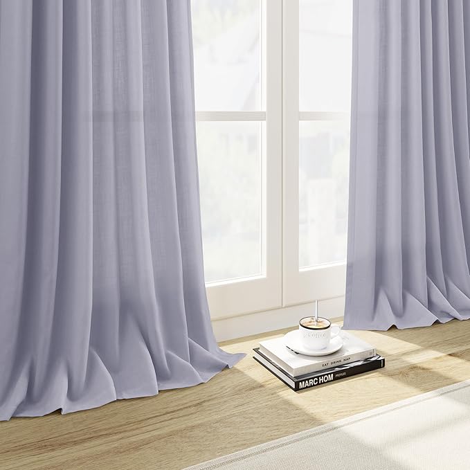 Nanspring Lavender Purple Linen Curtains 90 Inches Long for Living Room Boho Decor Light Filtering Semi Sheer Curtain Back Tab and Rod Pocket Modern Luxury Drapes for Bedroom Office 52x90, 2 Panels