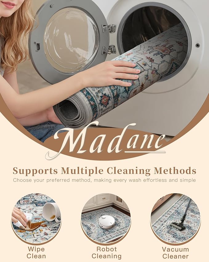 Madane Blue Runner Rug, 2x5, Low-Pile, Non-Slip, Washable, Stain Resistant, Retro, Machine-Made, Microfiber, Floral, Kitchen, Living Room, Bedroom, Laundry Room